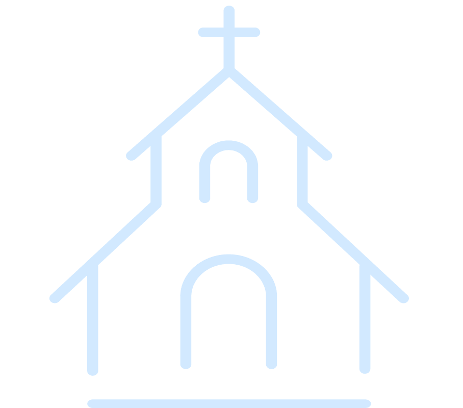 A simple, light blue line drawing of a church façade.