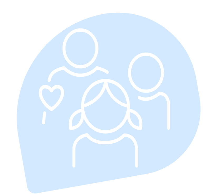 Simple line drawings of three people set on a light blue \ background. The leftmost person has a heart adorning their \ right side.