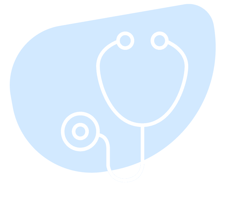 A simple line drawing of a stethoscope set on a light blue \ background.