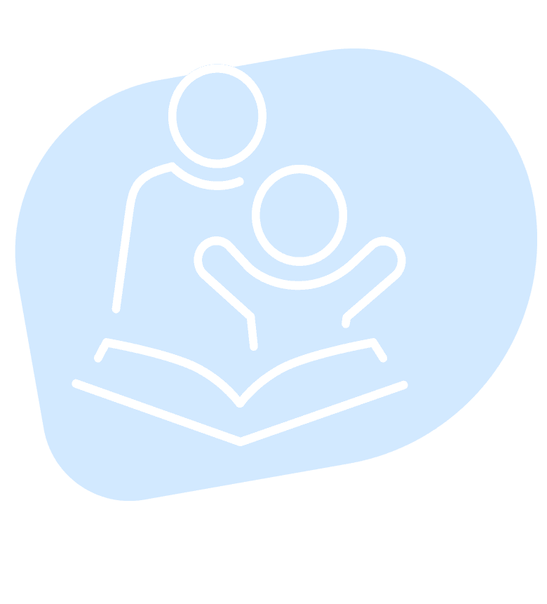 A simple line drawing of a person and a child behind an \ open book set on a light blue background.